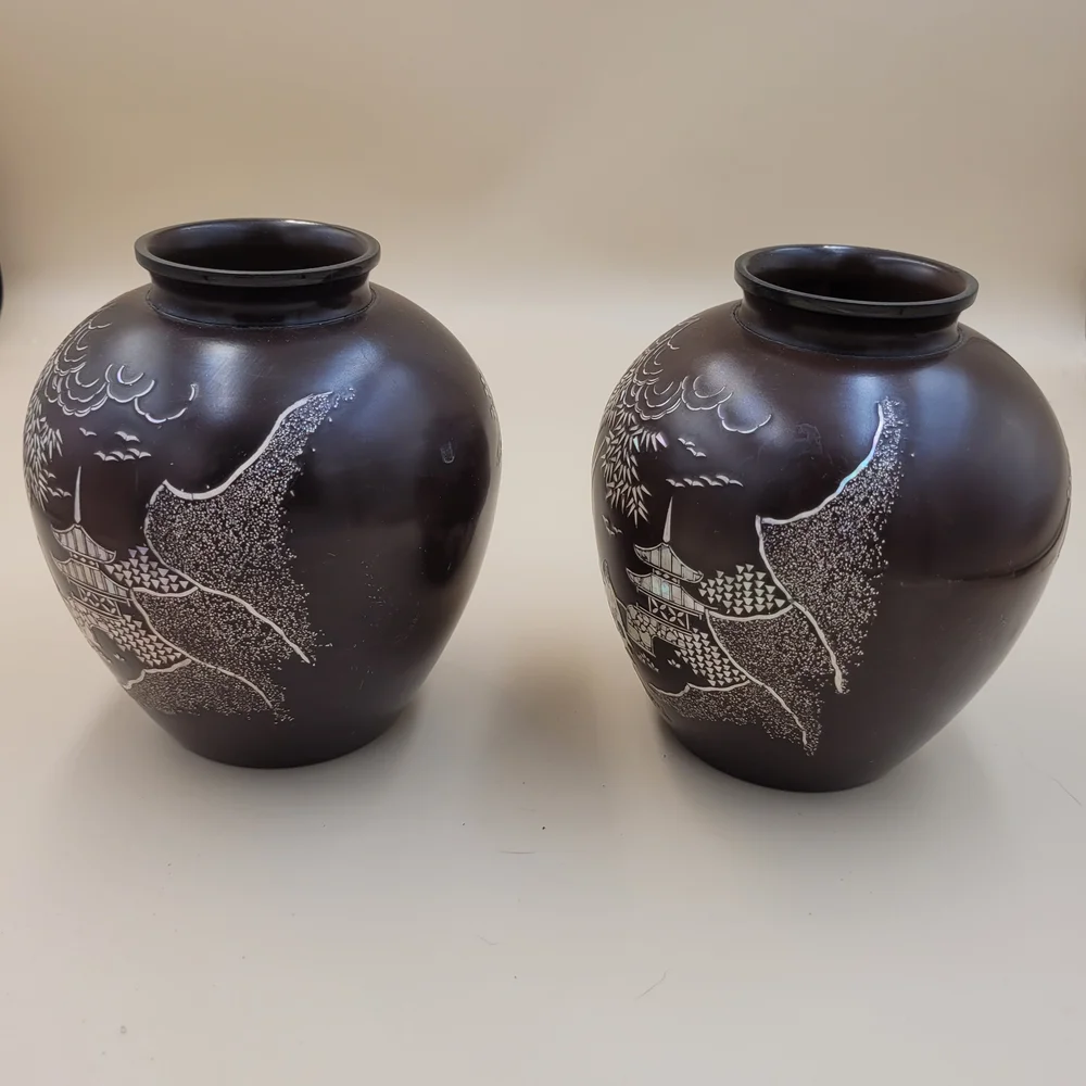 2 Vintage Asian Lacquer Vase, Mother of Pearl Inlay, Pagoda Garden Scene, 5.25